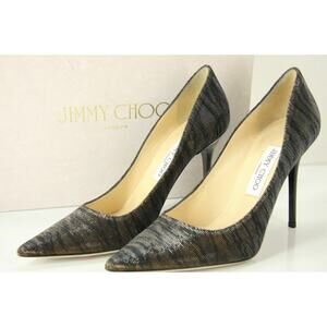 Jimmy Choo Black Striped Glitter Abel Pointy Toe Heels Pumps Size 38.5 NIB